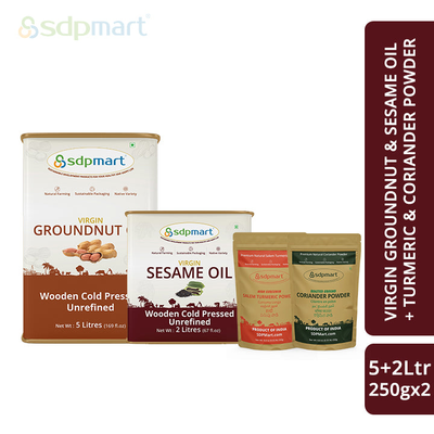 COM 12 - SDPMart Premium Virgin Oil & Spice ( Groundnut 5L + Sesame 2L + Turmeric 250G + coriander 250G)