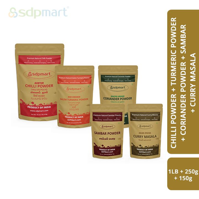 COM 07 - SDPMart Spcies Chill powder 1 Lb, Coriander Powder 250 Gms, Turmeric Powder 250 Gms, Sambar Powder 150 Gms, Curry Masala 150 Gms