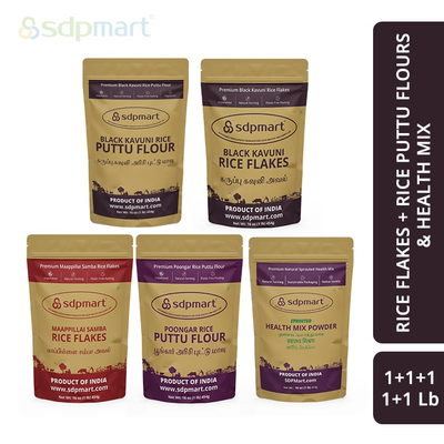 COM 08 - SDPMart Premium Black Kavuni Rice Flakes 1 Lb, Maappillai Samba Rice Flakes 1 Lb, Poongar Rice Puttu Flour 1 Lb, Black Kavuni Rice Puttu Flour 1 Lb, Health Mix Powder 1 Lb