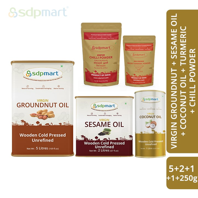 COM 06 - SDPMart Premium Virgin Oil & Spice (Groundnut Oil 5L + Sesame Oil 2L + Coconut Oil 1L + Chill Powder 1 Lb + Turmeric Powder 250 G)