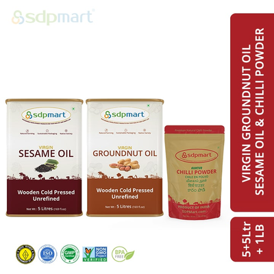SDPMart Combo Pack 3 - Groundnut Oil 5Ltr + Sesame Oil 5Ltr + Chilli Powder 1Lb